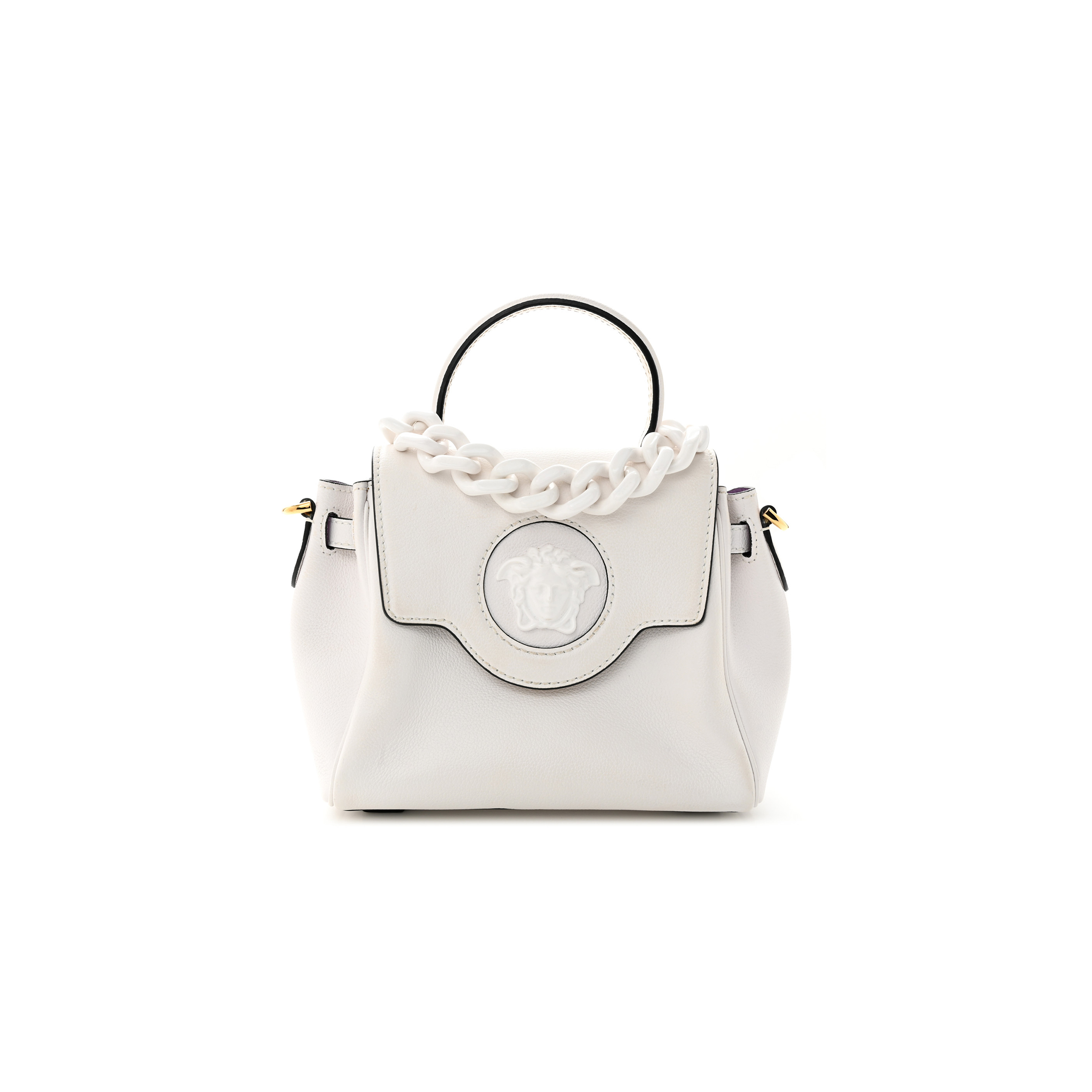 VERSACE CALFSKIN SMALL LA MEDUSA TOP HANDLE HANDBAG OPTICAL WHITE (20*18*10cm)