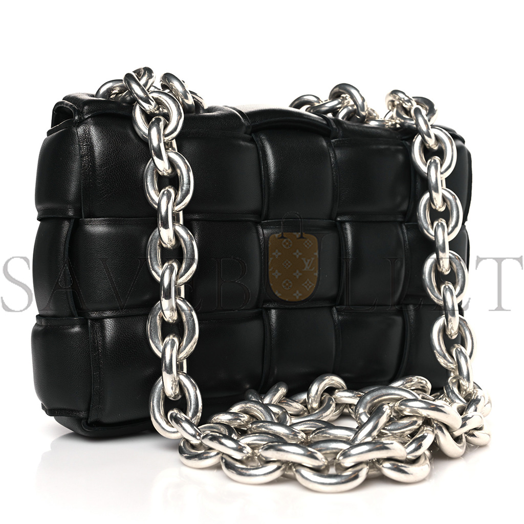 BOTTEGA VENETA LAMBSKIN MAXI INTRECCIO PADDED CHAIN CASSETTE CROSSBODY BAG BLACK  (25*17*8cm)