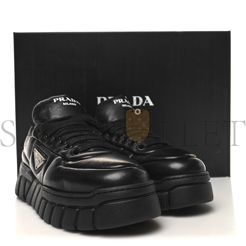 PRADA NAPPA SOFT METAL TRIANGLE LOGO WOMENS PADDED 30MM SNEAKERS 36.5 BLACK