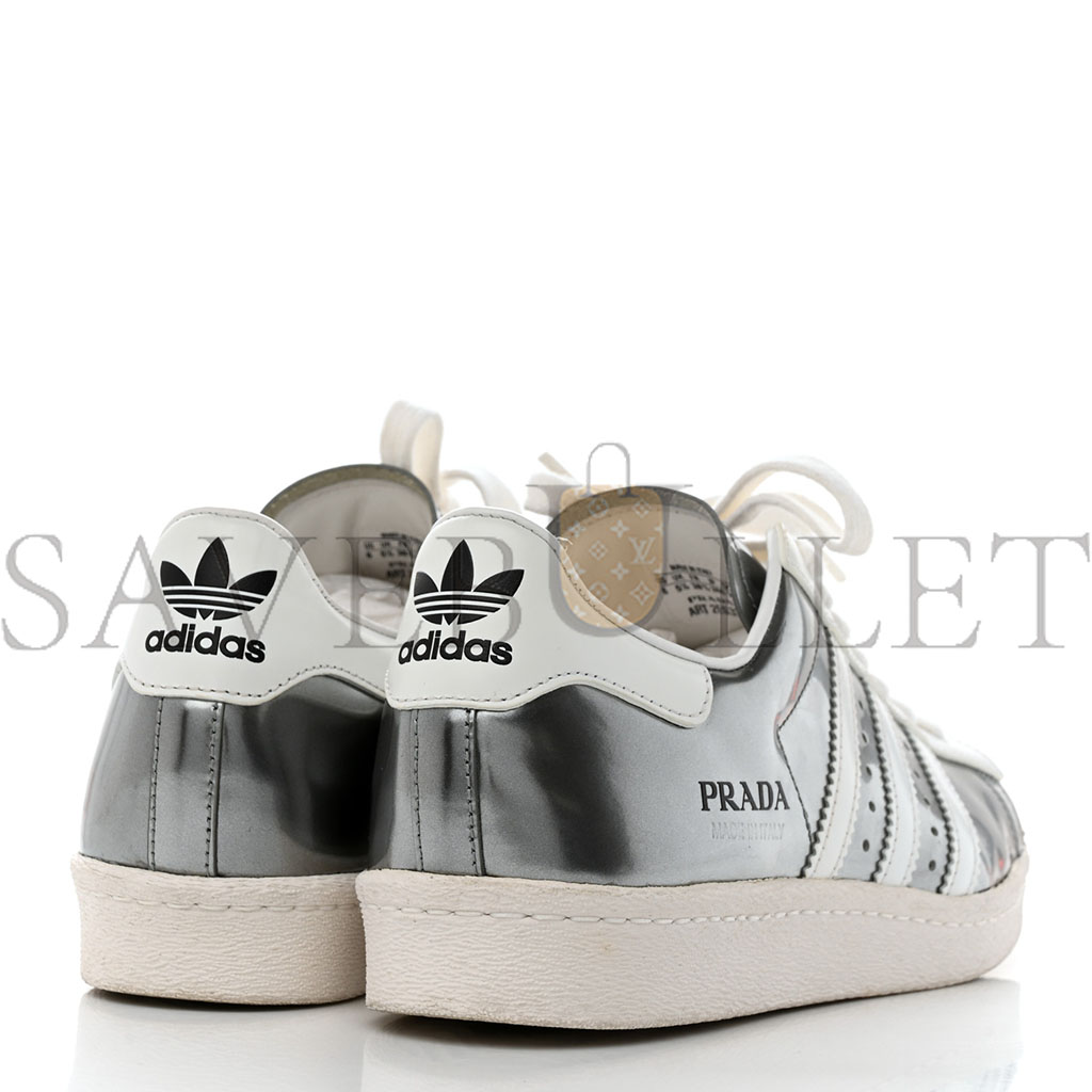 PRADA X ADIDAS BRUSHED CALFSKIN LOGO MENS SUPERSTAR SNEAKERS 6 SILVER WHITE