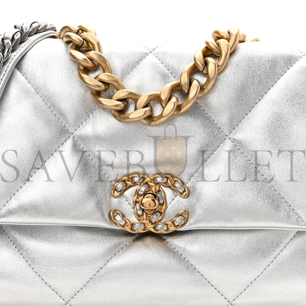 CHANEL METALLIC GOATSKIN QUILTED LARGE CHANEL 19 FLAP SILVER GOLD HARDWARE (30*21*9cm)