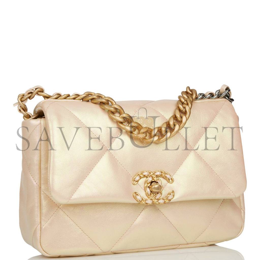 CHANEL MEDIUM 19 FLAP BAG ROSE IRIDESCENT CALFSKIN MIXED HARDWARE (25*16*9cm)