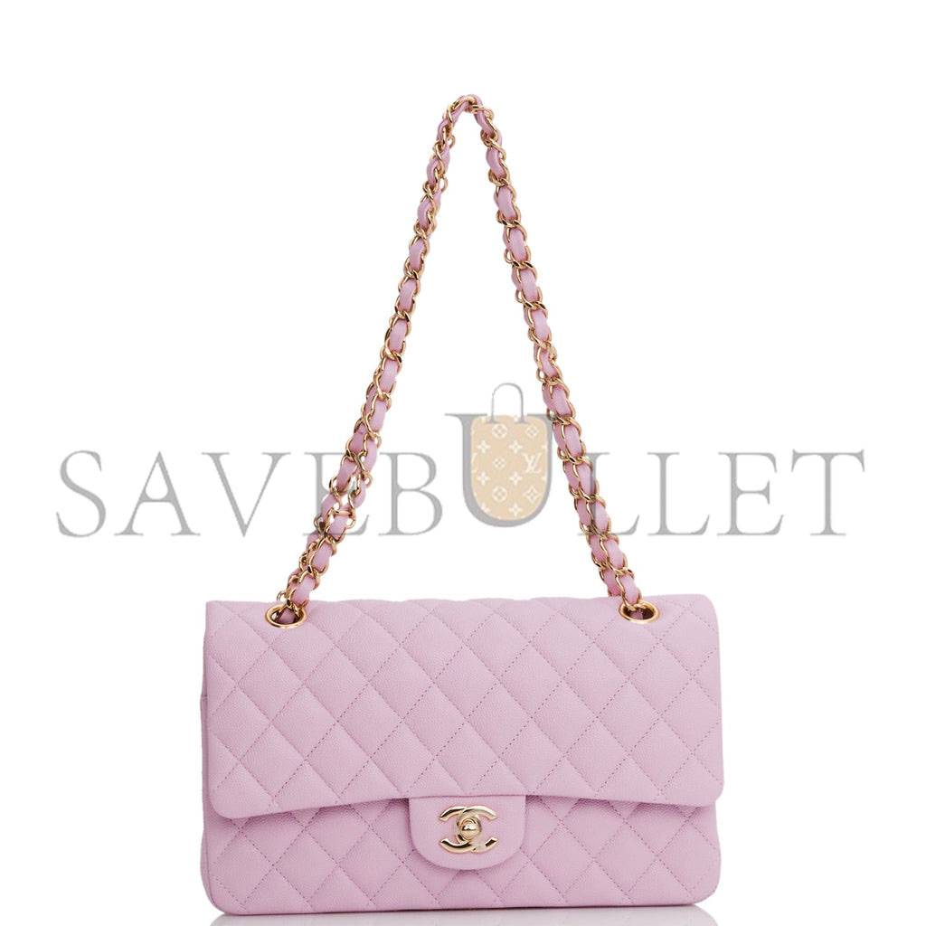 CHANEL MEDIUM CLASSIC DOUBLE FLAP BAG ROSE CLAIR CAVIAR LIGHT GOLD HARDWARE (25*15*7cm)