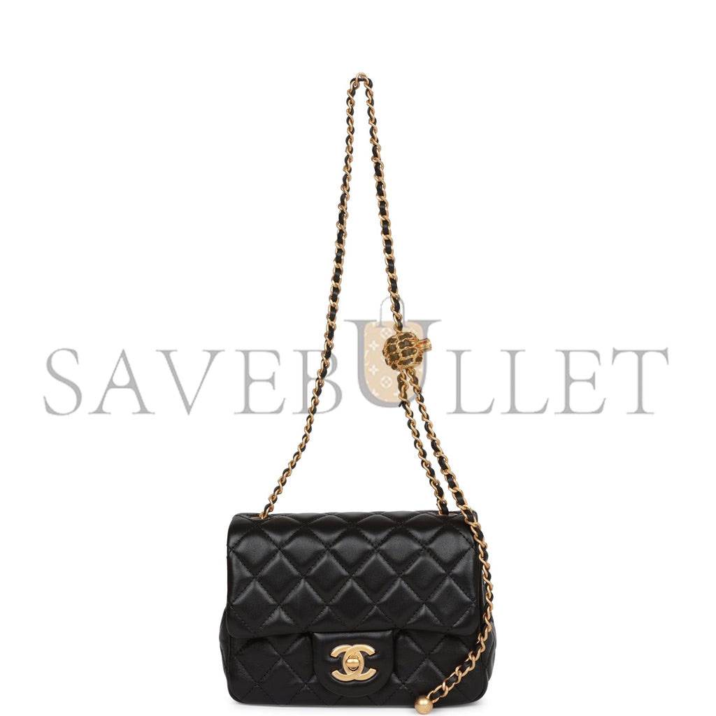 CHANEL PEARL CRUSH MINI SQUARE FLAP BAG BLACK LAMBSKIN ANTIQUE GOLD HARDWARE (17*14*8cm)