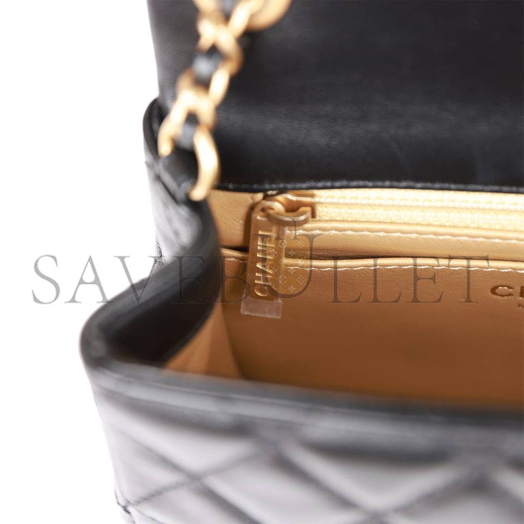 CHANEL PEARL CRUSH MINI SQUARE FLAP BAG BLACK LAMBSKIN ANTIQUE GOLD HARDWARE (17*14*8cm)