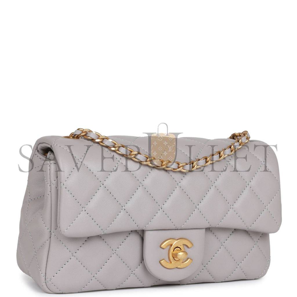 CHANEL PEARL CRUSH MINI RECTANGULAR FLAP BAG LIGHT GREY LAMBSKIN ANTIQUE GOLD HARDWARE (20*13*6cm)