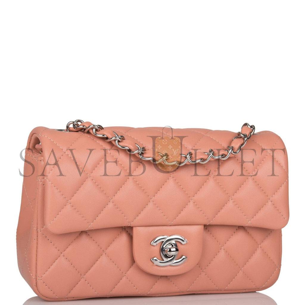 CHANEL MINI RECTANGULAR FLAP BAG ROSE LAMBSKIN SILVER HARDWARE (20*13*6cm)