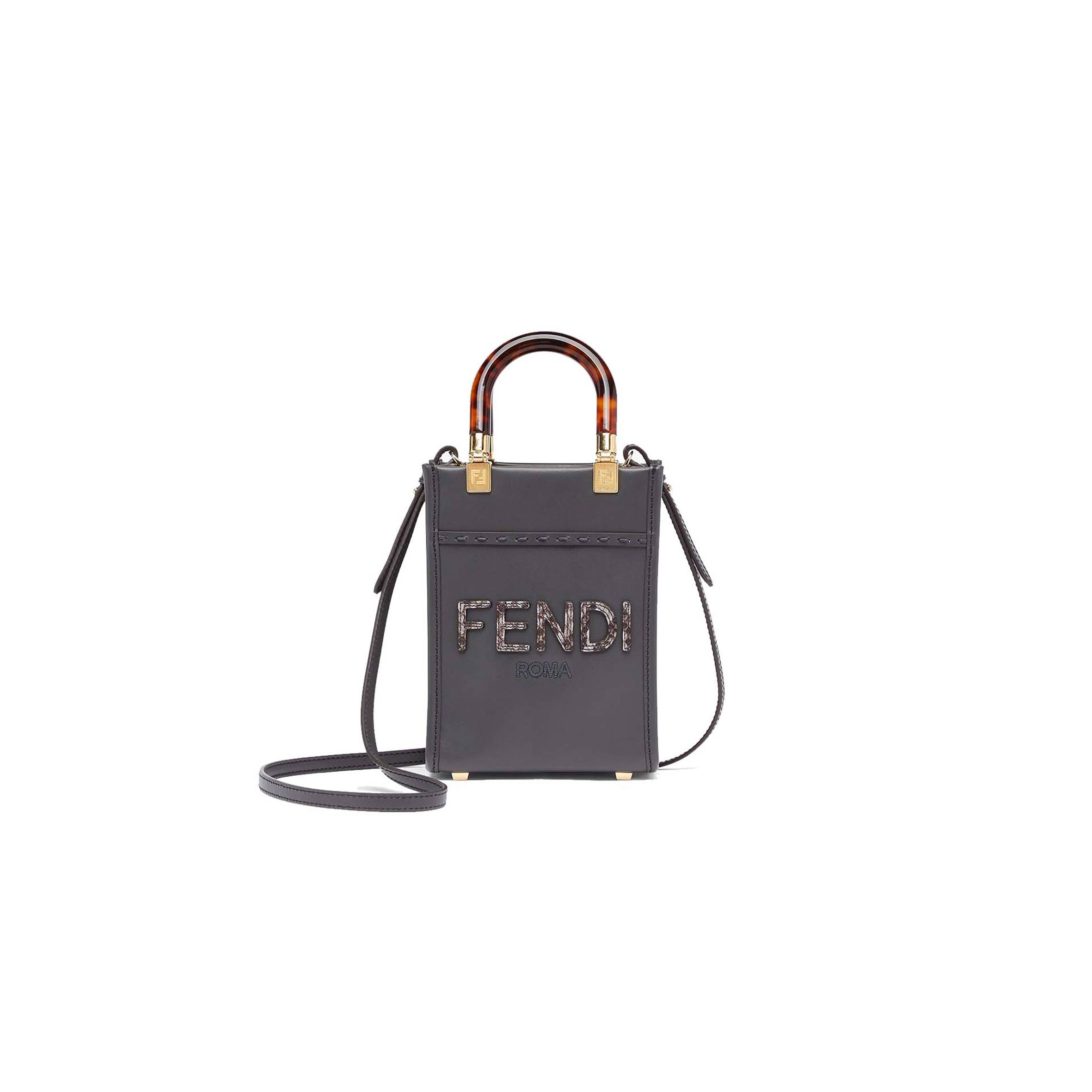 FENDI MINI SUNSHINE SHOPPER - DARK GRAY LEATHER AND ELAPHE MINI-BAG 8BS051AHN5F1DMK (18*13*6.5cm)