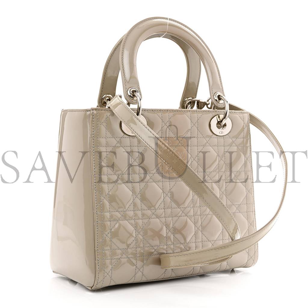 DIOR PEARLIZED PATENT CANNAGE MEDIUM LADY DIOR GREY (23*20*11.4cm)